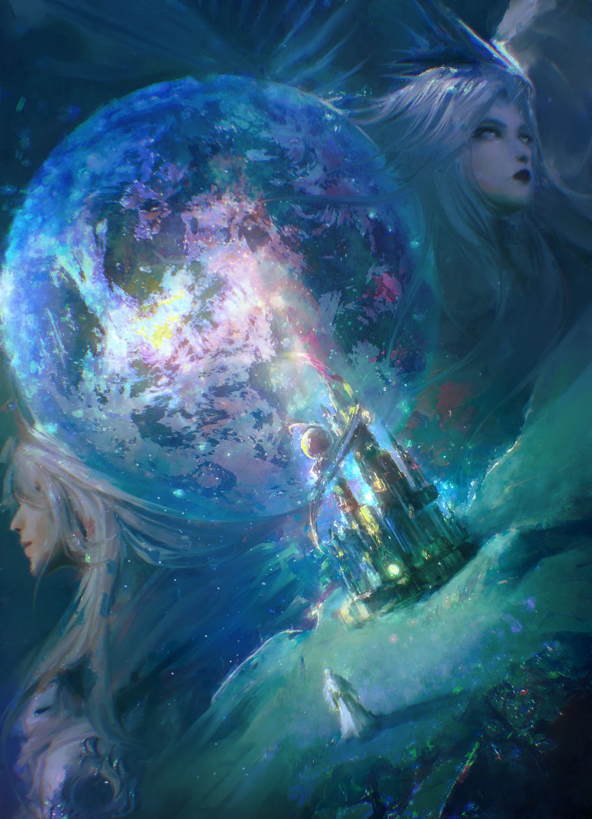 3girls, absurdres, blue_eyes, blue_hair, blue_theme, building, dutch_angle, fantasy