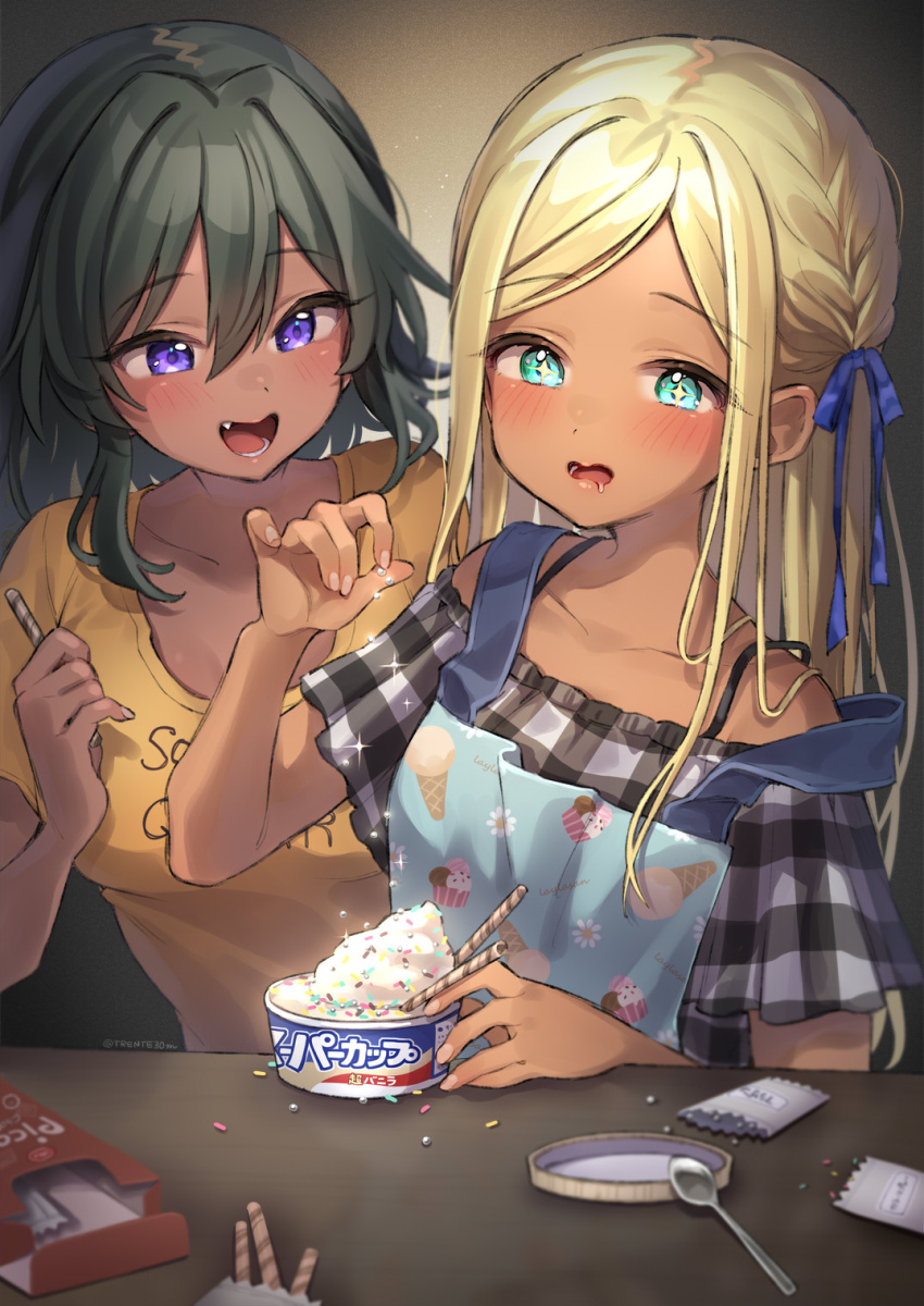 2girls, apron, aqua_eyes, bare_shoulders, blue_ribbon, blush, box, clothes_writing