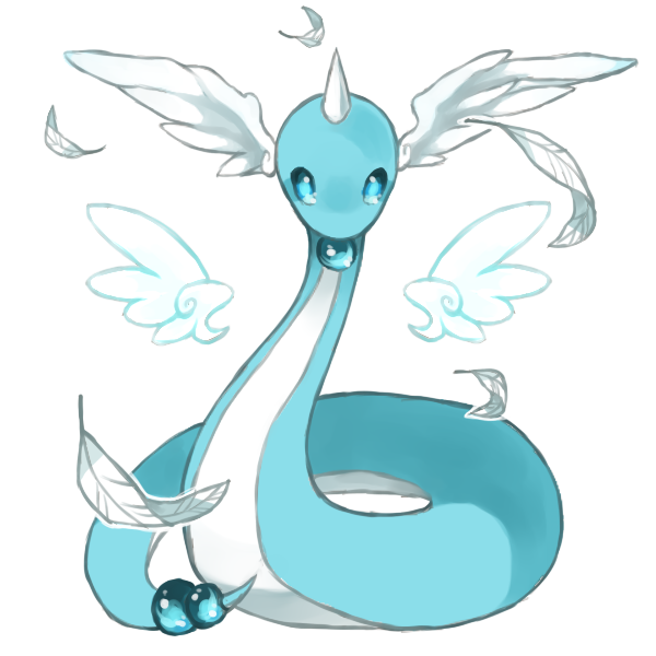 animal_focus, blue_eyes, blue_gemstone, commentary, detached_wings, dragonair, english_commentary, feathered_wings