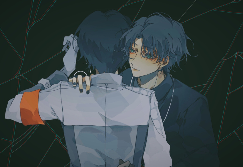 2boys, absurdres, aqua_eyes, armband, black_background, black_hair, black_nails, black_shirt