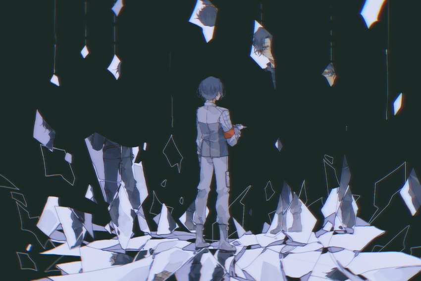 2boys, absurdres, aqua_eyes, armband, black_background, black_pants, broken_glass, cyuer11