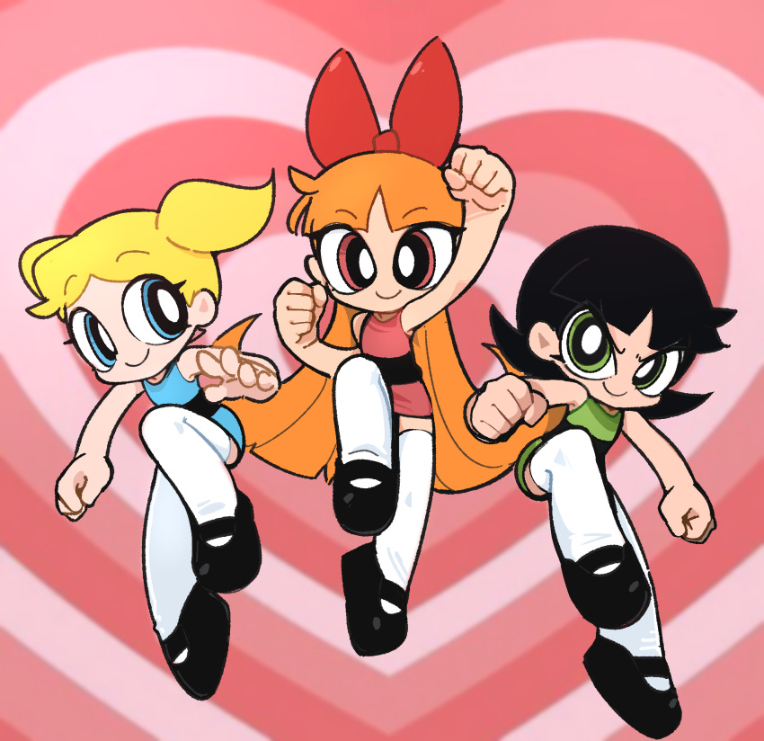 3girls, bangs, black_hair, blonde_hair, blossom_(ppg), blue_eyes, bow, bubbles_(ppg)
