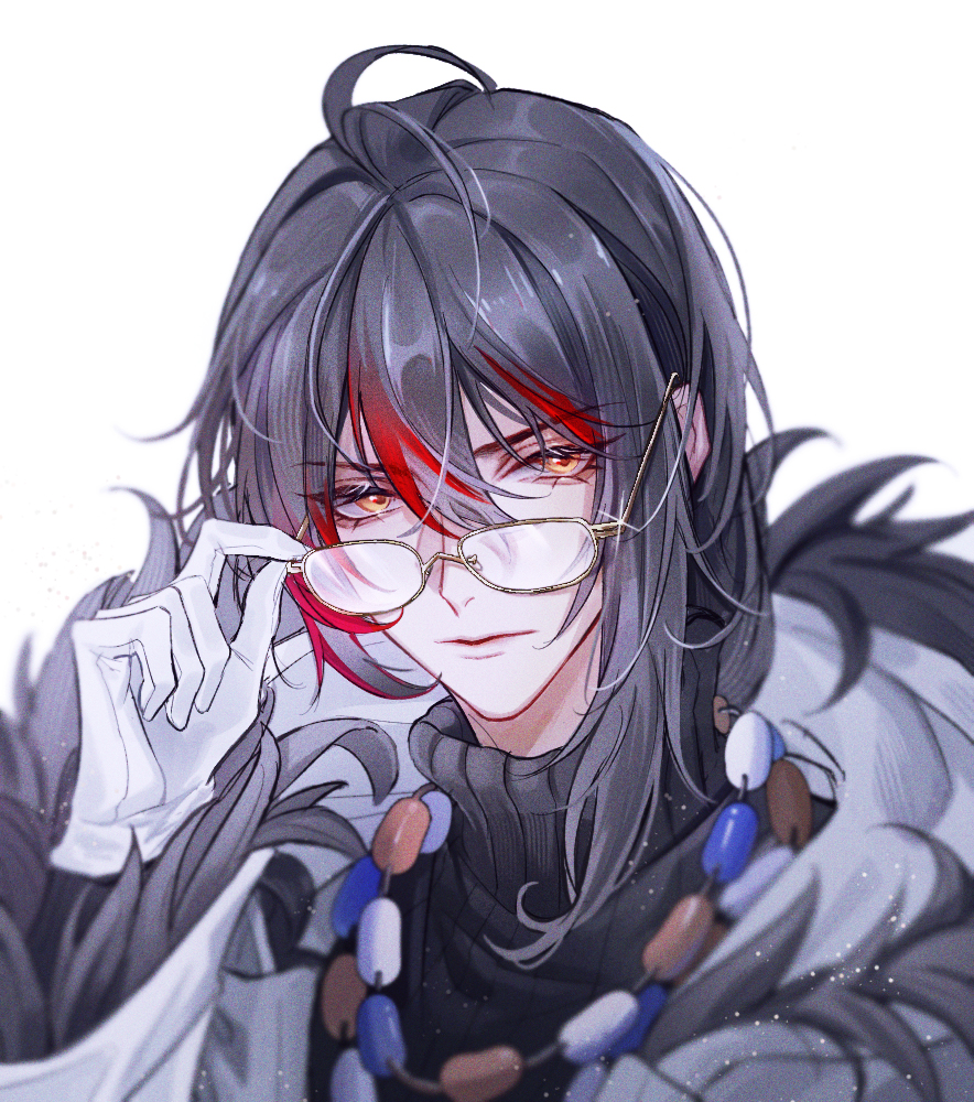 1boy, adjusting_eyewear, ahoge, arknights, bangs, bead_necklace, beads, black_hair
