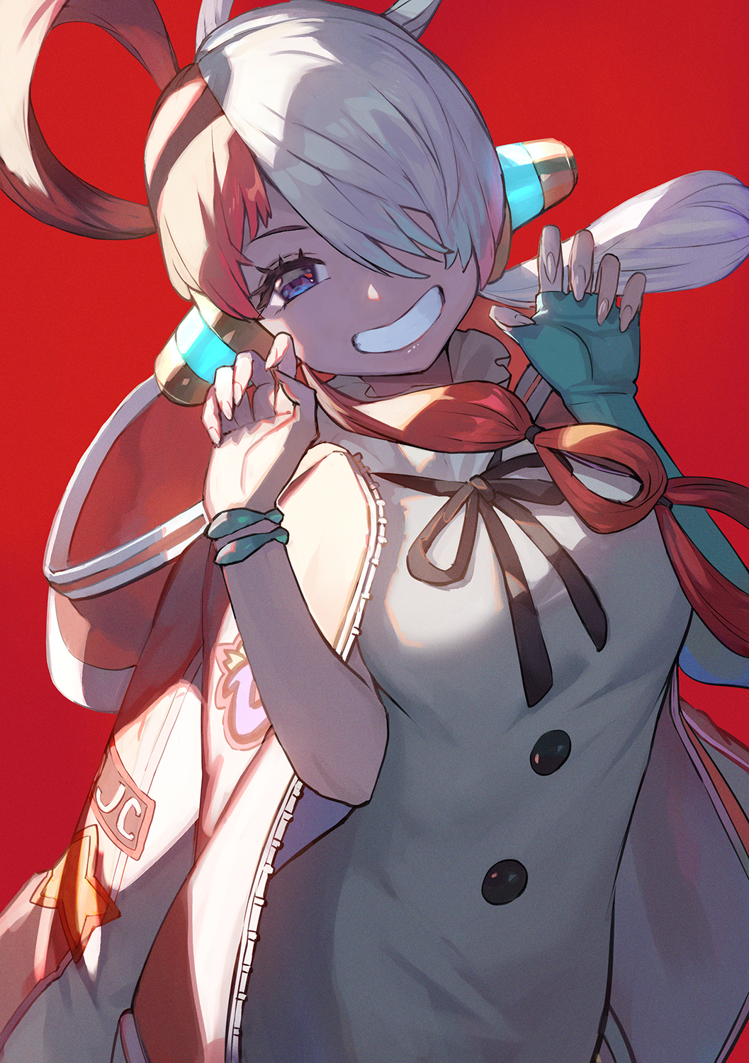 1girl, bangs, black_ribbon, blue_eyes, blue_gloves, bracelet, breasts, clenched_teeth