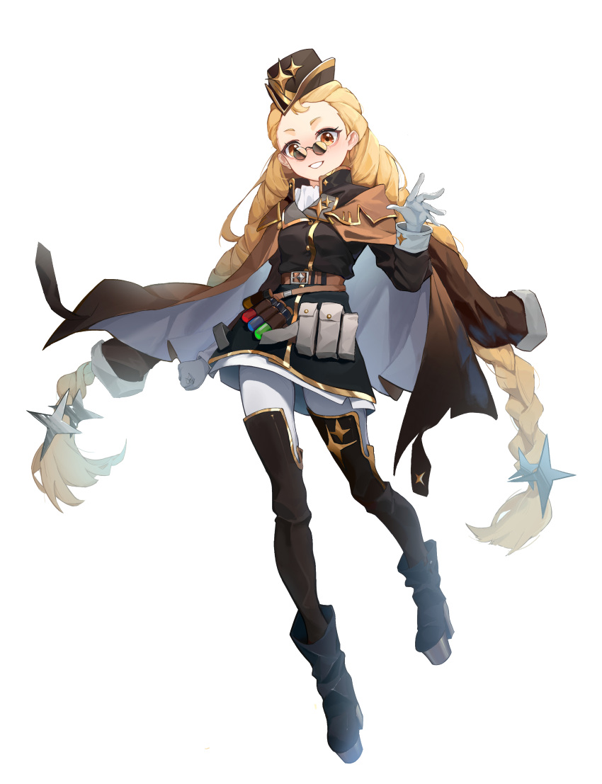 1girl, absurdres, alchemy_stars, belt, black_footwear, black_jacket, boots, braid, breasts, brown_coat, brown_eyes, brown_hair, brown_thighhighs, chandra_(alchemy_stars), clenched_teeth, coat, coat_on_shoulders, enoooo_t, full_body, garrison_cap, gloves, hand_up, hat, highres, jacket, long_hair, long_sleeves, pants, pince-nez, platform_boots, pouch, small_breasts, smile, solo, teeth, test_tube, thigh-highs, twin_braids, waving, white_background, white_gloves, white_pants