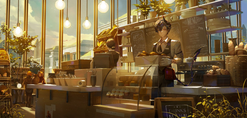 1boy, alchemy_stars, apron, arm_tattoo, armband, bakery, basket, black_hair, black_vest, box, bread, chalkboard_sign, closed_mouth, collared_shirt, counter, cupcake, english_text, fleur_(alchemy_stars), fleur_(nostalgic_bread)_(alchemy_stars), food, gloves, hanging_light, helen_(helenwork015), heterochromia, highres, holding, holding_box, horns, incense, indoors, menu_board, necktie, people, plant, plate, pointy_ears, potted_plant, shirt, shop, short_hair, short_necktie, smile, solo_focus, standing, table, tail, tattoo, vest, waist_apron, white_gloves, white_shirt, window