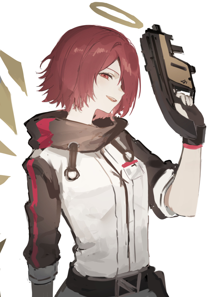 1girl, :d, absurdres, arknights, bangs, brown_wings, detached_wings, exusiai_(arknights)