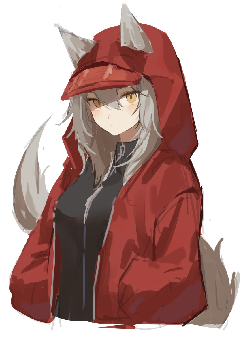 1girl, absurdres, animal_ears, arknights, bangs, black_shirt, blush, brown_eyes