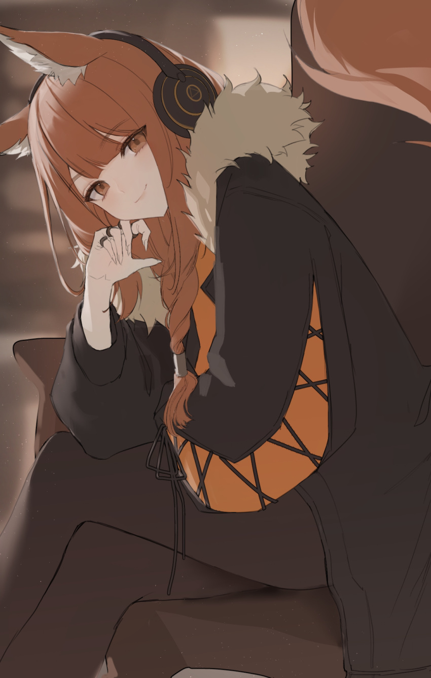 1girl, animal_ear_fluff, animal_ears, arknights, bangs, black_jacket, black_pantyhose, blurry