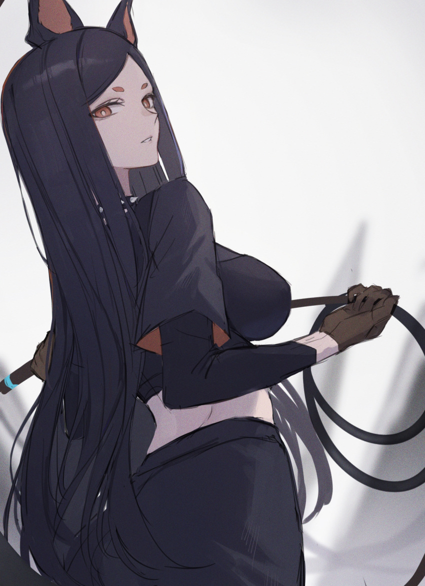 1girl, animal_ears, arknights, ass, bangs, black_hair, black_pants, black_shirt