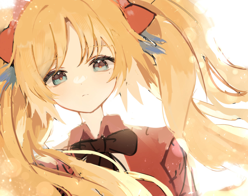 arknights, bangs, black_bow, blonde_hair, blue_eyes, bow, collared_shirt, dutch_angle