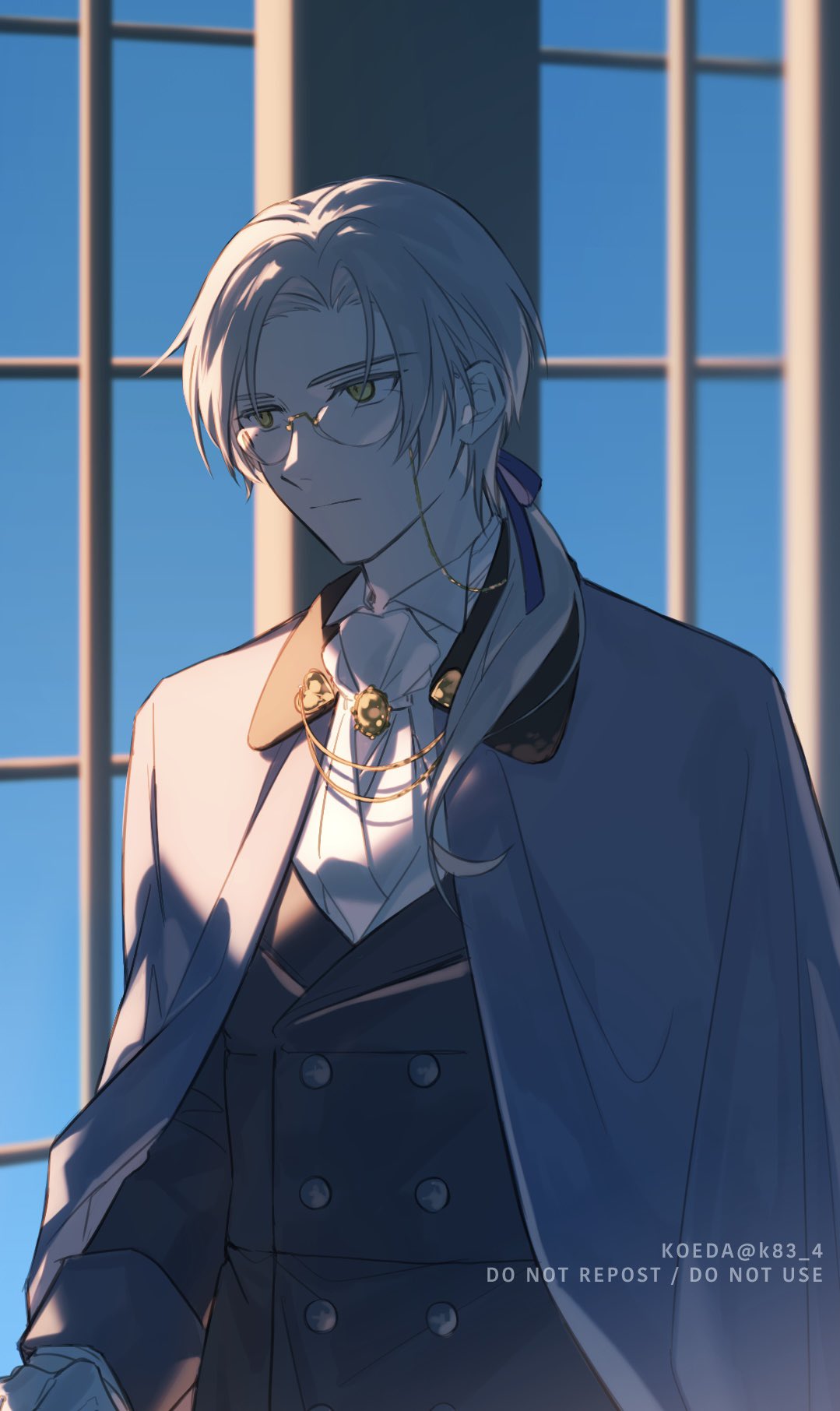 1boy, artist_name, blue_sky, brown_vest, closed_mouth, coat, formal, glasses