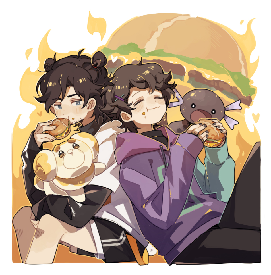 2boys, 2others, animal, blue_eyes, blush, brown_hair, burger, closed_eyes