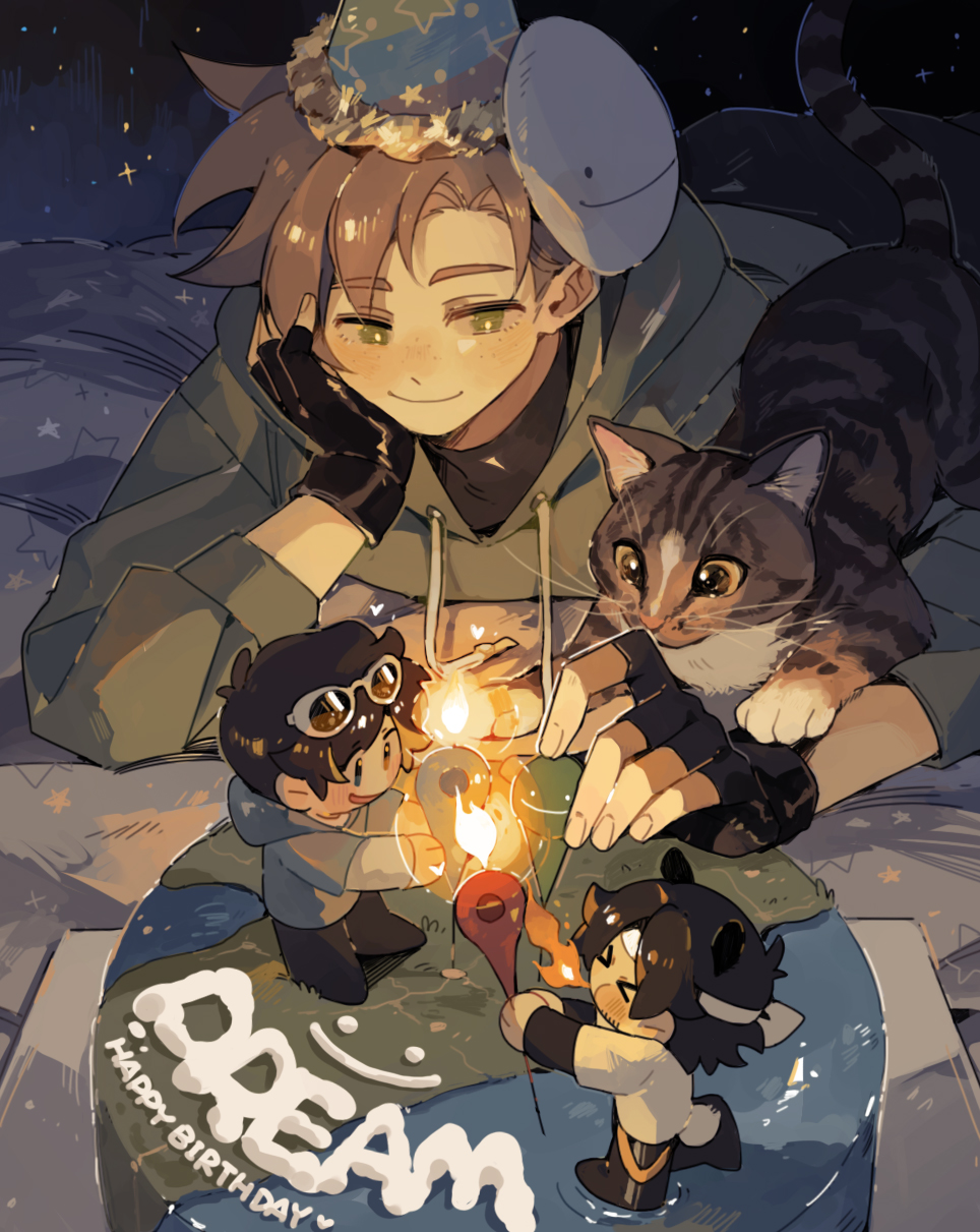 1other, 3boys, animal, birthday_cake, blonde_hair, breathing_fire, cake, cat