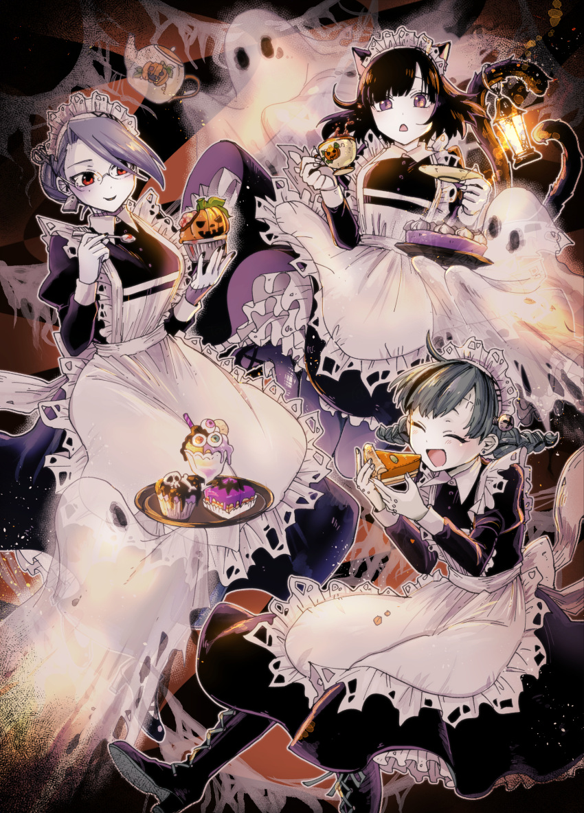 3girls, :d, absurdres, animal_ears, apron, back_bow, bangs, black_hair