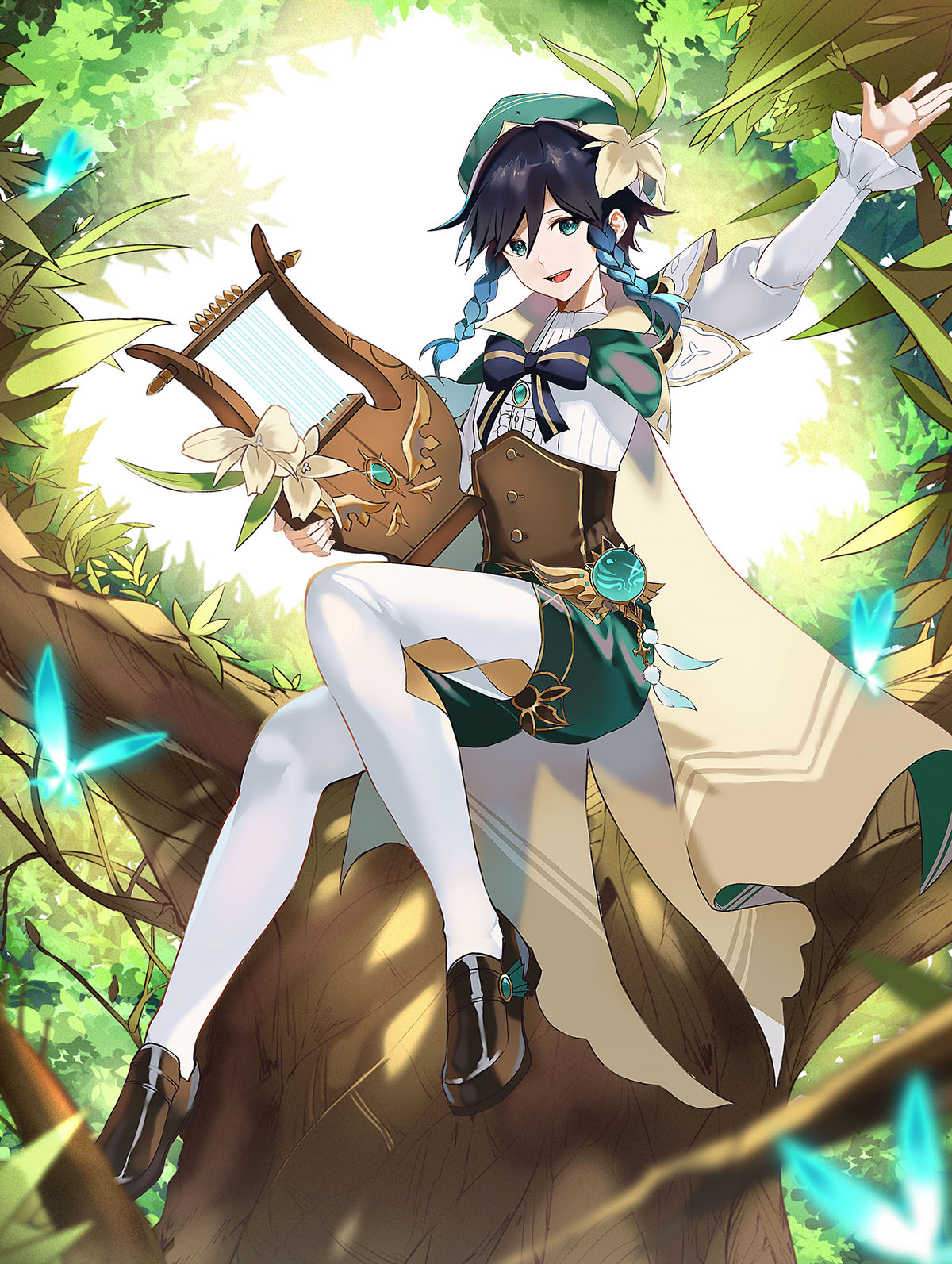 1boy, androgynous, aqua_eyes, aqua_hair, bangs, bard, beret, bishounen, black_hair, blue_eyes, blue_hair, braid, brooch, brown_footwear, cape, commentary_request, crop_top, fairy, fairy_wings, flower, frilled_sleeves, frills, genshin_impact, gradient_hair, green_eyes, green_headwear, green_shorts, harp, hat, hat_flower, highres, holding, holding_instrument, in_tree, instrument, jewelry, long_sleeves, looking_at_viewer, male_focus, multicolored_hair, open_mouth, pantyhose, ruz00141, short_hair_with_long_locks, shorts, sitting, sitting_in_tree, smile, solo, tree, twin_braids, venti_(genshin_impact), wings