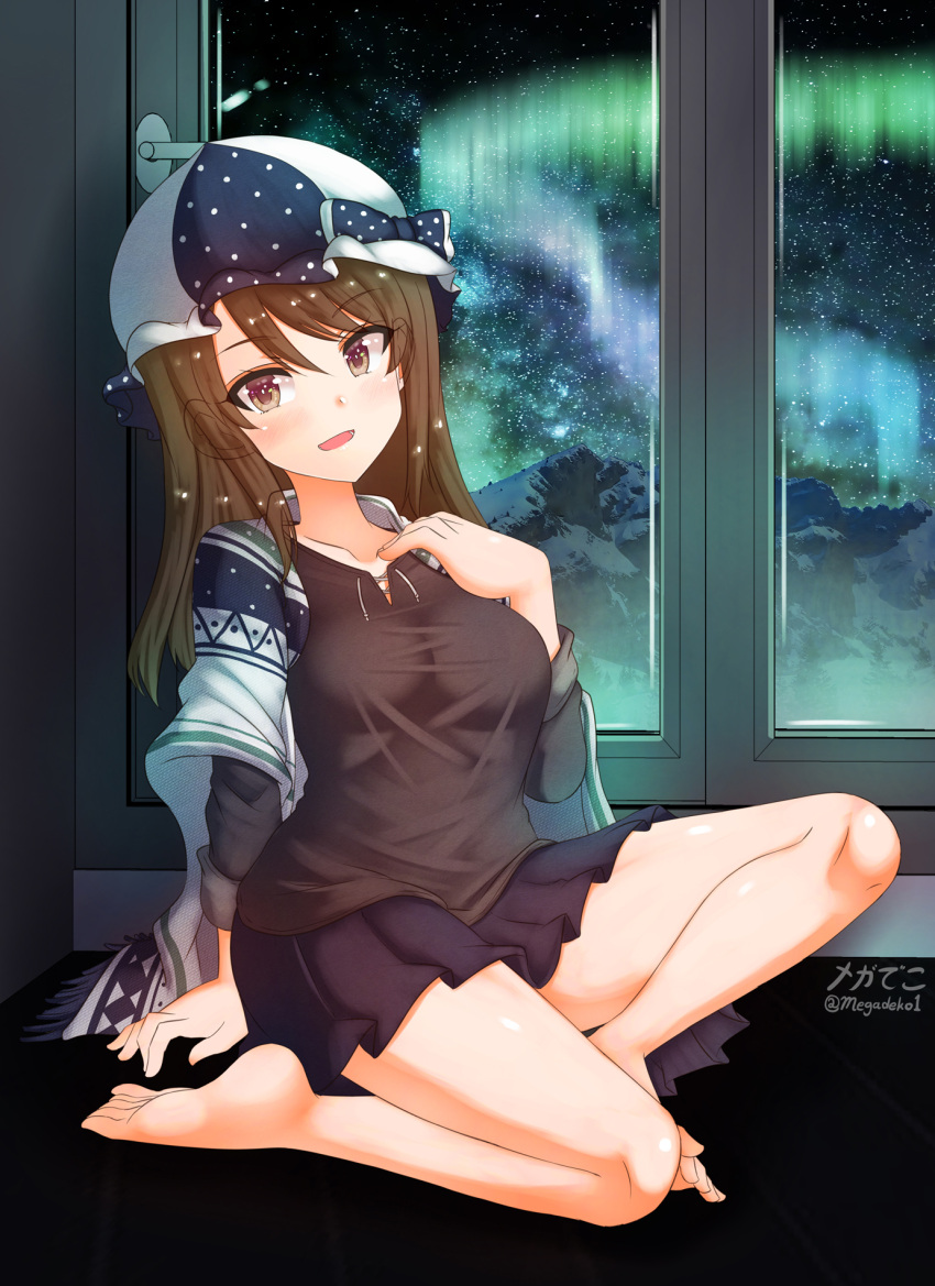 alternate_headwear, aquaegg, artist_name, aurora, bangs, barefoot, black_shirt, black_skirt