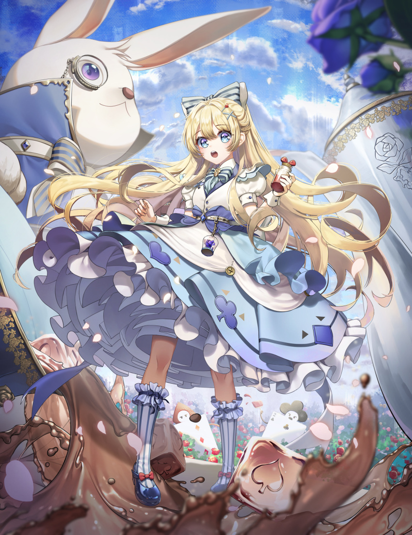1girl, absurdres, alice_(alice_in_wonderland), alice_in_wonderland, apron, bangs, blonde_hair, blue_dress