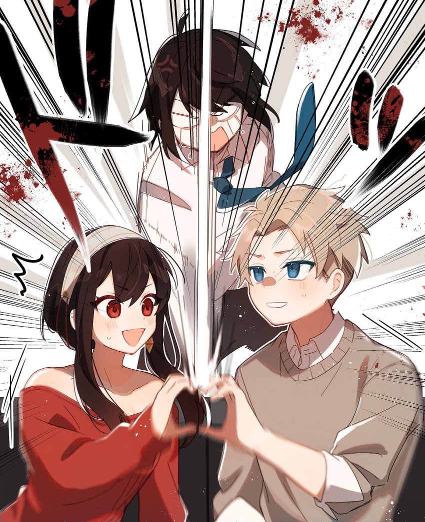 1girl, 2boys, black_hair, blood, blood_splatter, blue_eyes, blue_necktie, brother_and_sister