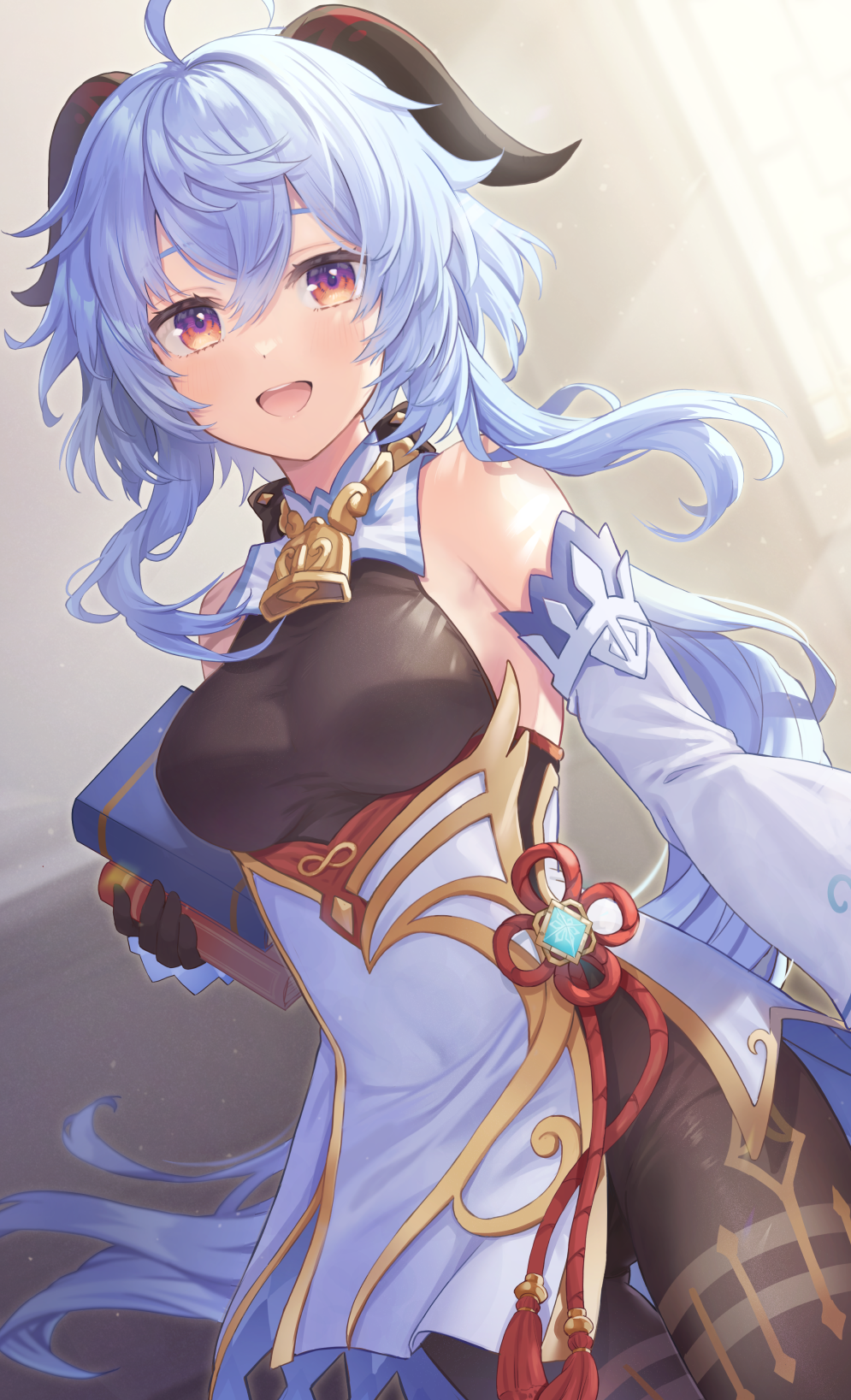 00raku_y, 1girl, armpit_crease, books, breasts, day, dress, female