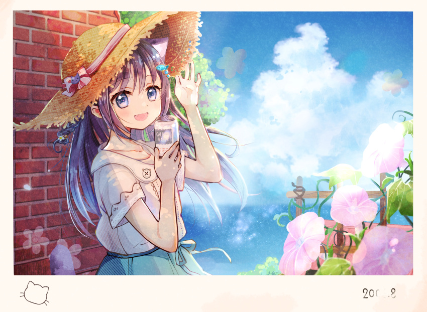 1girl, :d, animal_ears, bangs, blue_eyes, brick_wall, can, cat_ears