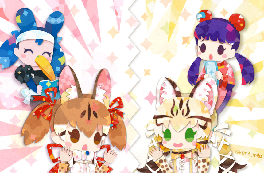 4girls, animal_costume, animal_ear_fluff, animal_ears, blonde_hair, bow, bowtie, brown_eyes