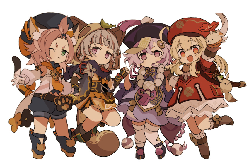 4girls, :3, absurdres, ahoge, animal_ear_fluff, animal_ears, animal_hood, arm_up, backpack, bag, bangs_pinned_back, bead_necklace, beads, black_footwear, blonde_hair, bloomers, boots, brown_footwear, brown_gloves, cabbie_hat, cat_ears, cat_girl, child, closed_mouth, detached_sleeves, diona_(genshin_impact), dodoco_(genshin_impact), dress, fingerless_gloves, genshin_impact, gloves, grey_hair, hat, hat_feather, highres, holding, holding_hands, hood, hood_up, iwashi_(iwashi008), japanese_clothes, jewelry, klee_(genshin_impact), leaf, leaf_on_head, long_hair, low_twintails, multiple_girls, necklace, ofuda, one_eye_closed, open_mouth, pink_hair, pointy_ears, purple_hair, purple_headwear, qing_guanmao, qiqi_(genshin_impact), red_dress, red_headwear, sayu_(genshin_impact), short_hair, shorts, simple_background, tail, thigh-highs, twintails, underwear, very_long_hair, white_background, white_thighhighs