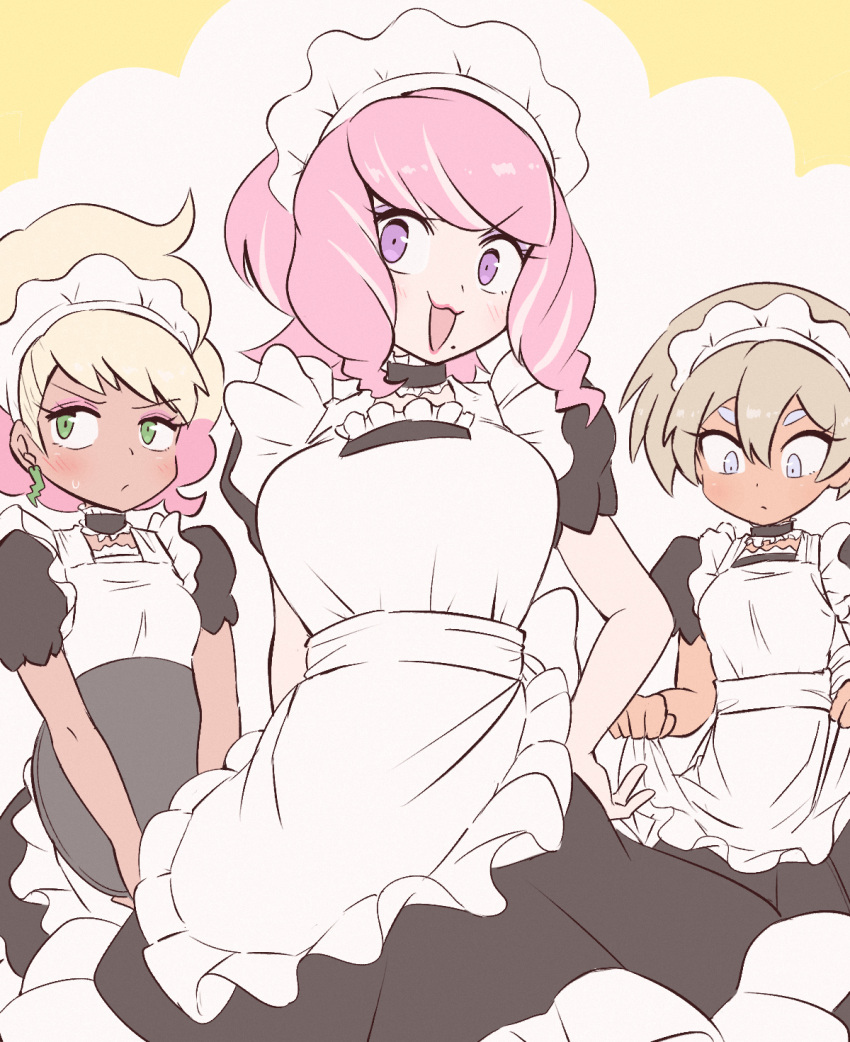 3girls, alternate_costume, apron, bea_(pokemon), blue_eyes, breasts, enmaided, eyeshadow
