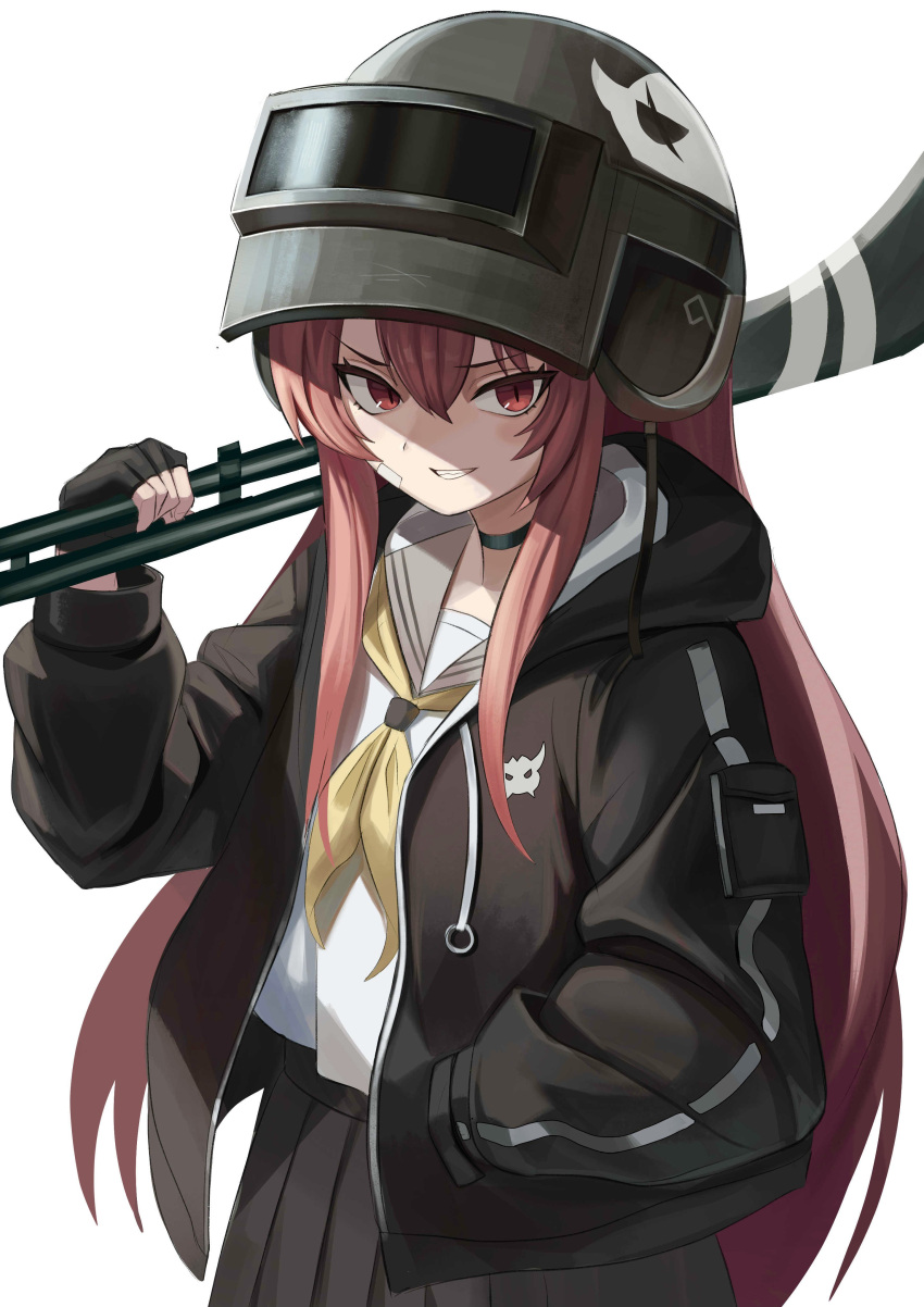 1girl, absurdres, atat250, bandaid, bandaid_on_face, bangs, black_choker, black_gloves, black_headwear, black_jacket, black_skirt, blue_archive, blush, choker, commentary, fingerless_gloves, gloves, grin, gun, hair_between_eyes, hand_in_pocket, helmet, highres, holding, holding_gun, holding_weapon, hood, hood_down, hooded_jacket, jacket, long_hair, long_sleeves, looking_at_viewer, neckerchief, open_clothes, open_jacket, over_shoulder, pleated_skirt, rabu_(blue_archive), red_eyes, redhead, sailor_collar, school_uniform, serafuku, simple_background, skirt, smile, solo, very_long_hair, weapon, weapon_over_shoulder, white_background, yellow_neckerchief
