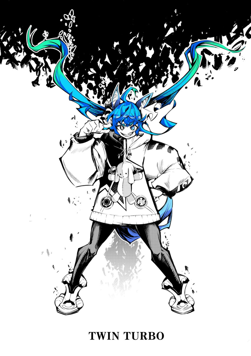 1girl, animal_ears, aqua_hair, bangs, character_name, commentary, finger_to_head, floating_hair