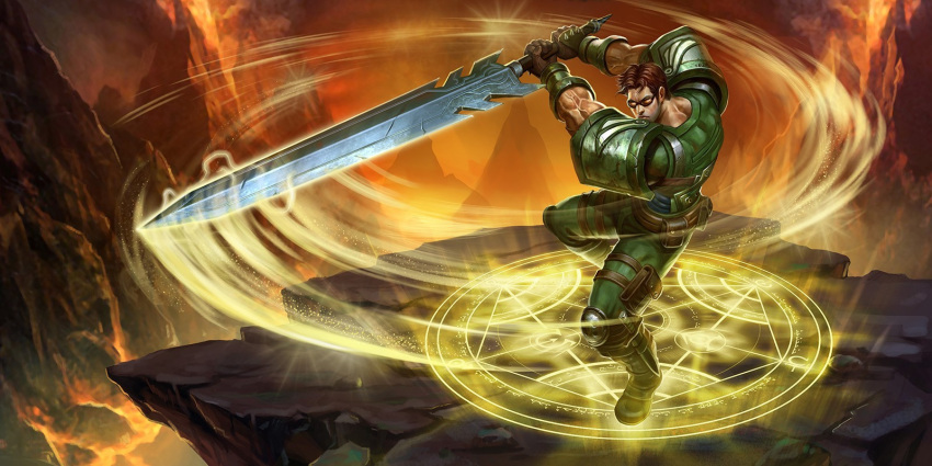 1boy, alternate_costume, armor, bad_source, bag, boots, brown_hair, commando_garen, dust, facial_hair, fighting_stance, garen_(league_of_legends), gauntlets, gloves, glowing, glowing_sword, glowing_weapon, highres, knee_pads, knife, league_of_legends, leather, leather_belt, legband, long_sideburns, long_sword, magic, magic_circle, male_focus, manly, mature_male, molten_rock, mountain, muscular, muscular_male, official_art, short_hair, shoulder_armor, shoulder_pads, sideburns, smoke, solo, spread_legs, sunglasses, sword, thick_arms, volcano, weapon, zhang_ji