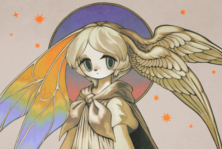 1girl, androgynous, asymmetrical_wings, bangs, blue_eyes, butterfly_wings, cape, circle
