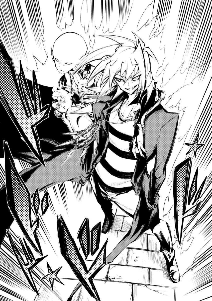 1boy, 1other, arm_around_shoulder, bakura_ryou, coat, commentary_request, dark_necrofear, duel_monster, evil_grin, evil_smile, from_above, full_body, greyscale, grin, hands_in_pockets, highres, jewelry, jojo_no_kimyou_na_bouken, jojo_pose, male_focus, millennium_ring, monochrome, nomomono_eraser, open_clothes, open_coat, pose, shirt, smile, sound_effects, spiky_hair, stand_(jojo), standing, star_(symbol), striped, striped_shirt, yu-gi-oh!