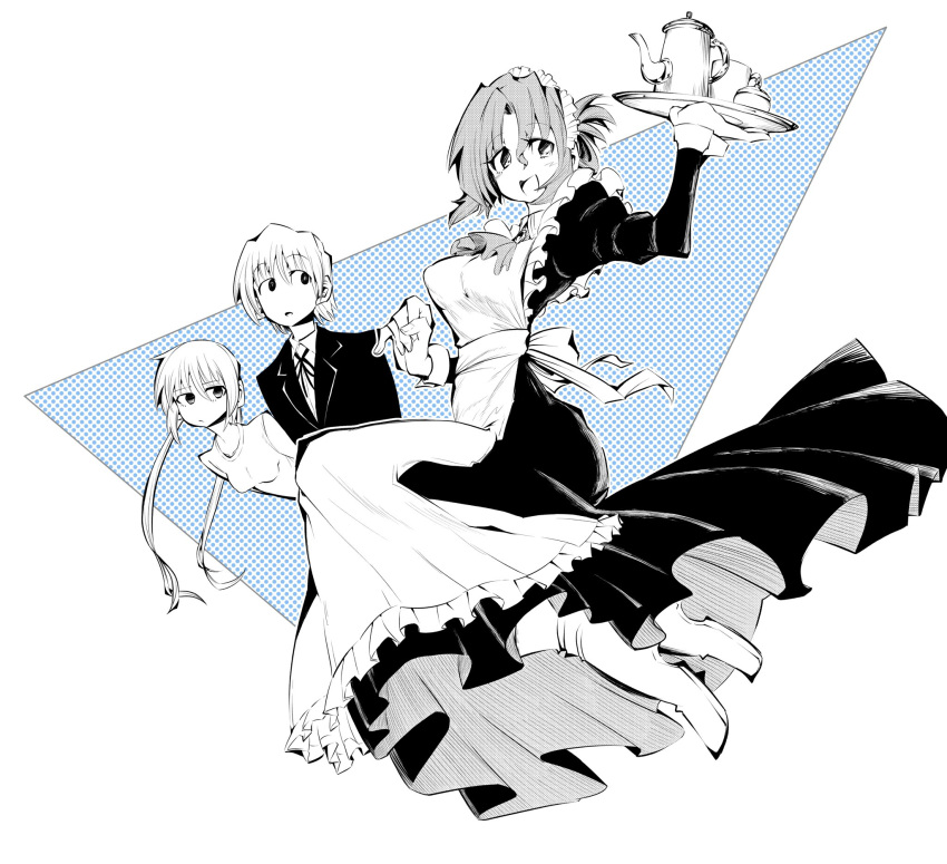 1boy, 2girls, apron, ayasaki_hayate, bangs, boots, breasts, closed_mouth