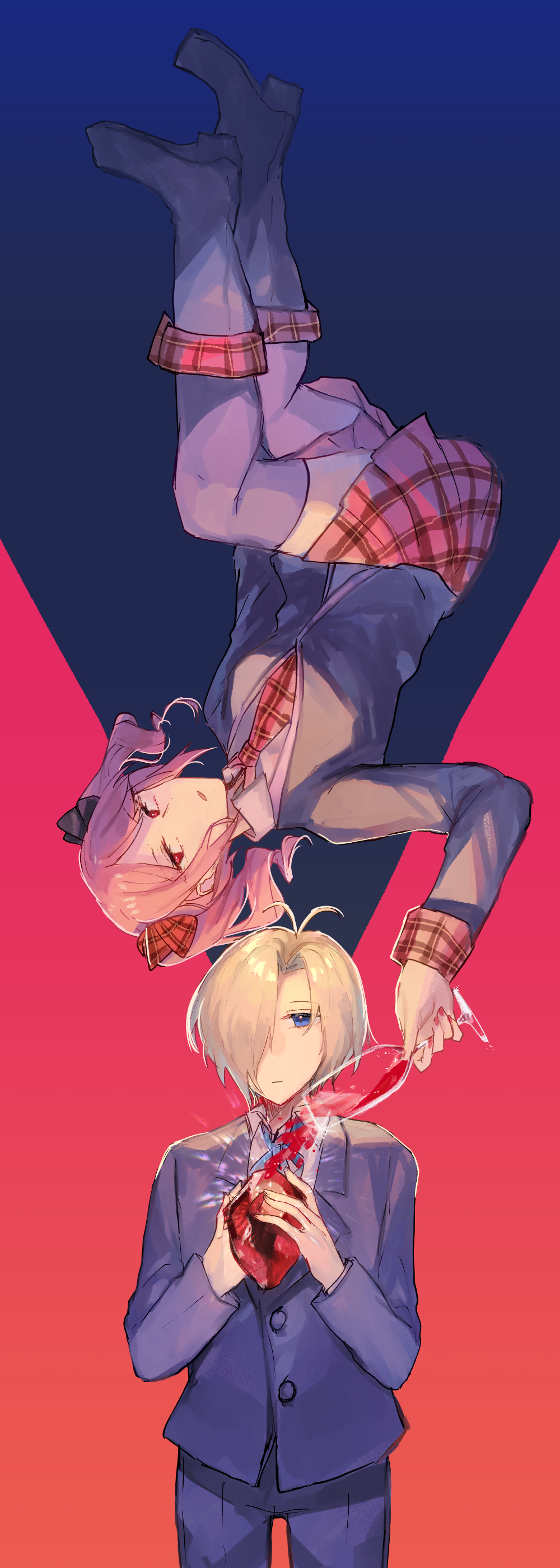 1boy, 1girl, :|, absurdres, alcohol, antenna_hair, bangs, black_bow, black_footwear, black_jacket, black_thighhighs, blonde_hair, blue_background, blue_eyes, blue_jacket, blue_pants, blue_ribbon, boots, bow, bright_pupils, closed_mouth, collared_shirt, cowboy_shot, cup, drinking_glass, full_body, fumi_(rdbm), gem, gradient, gradient_background, hair_bow, hair_over_one_eye, highres, holding, holding_cup, holding_gem, jacket, looking_at_viewer, neck_ribbon, necktie, noel_levine, pants, parted_lips, pink_background, pink_hair, plaid, plaid_bow, plaid_necktie, plaid_skirt, pouring, red_bow, red_eyes, red_gemstone, red_nails, red_necktie, red_skirt, ribbon, rouge_(witch's_heart), shirt, short_hair, skirt, sleeve_cuffs, suit_jacket, swept_bangs, thigh-highs, twintails, upside-down, white_pupils, white_shirt, wine, wine_glass, witch's_heart