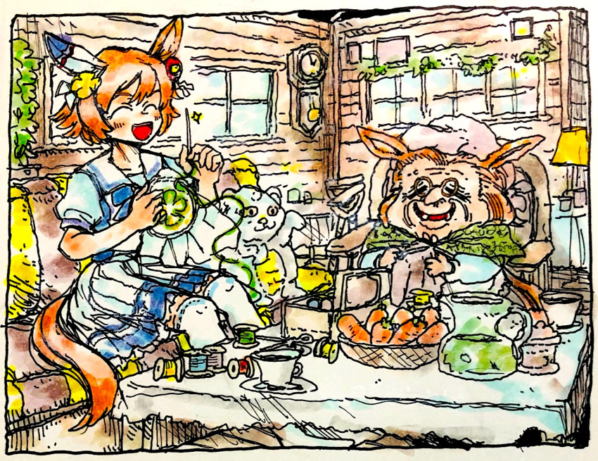 2girls, animal_ears, bangs, daruma_doll, ear_covers, glasses, green_shawl, hat