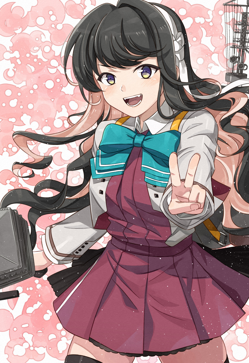 1girl, absurdres, aqua_bow, aqua_bowtie, black_hair, blazer, blouse, bow