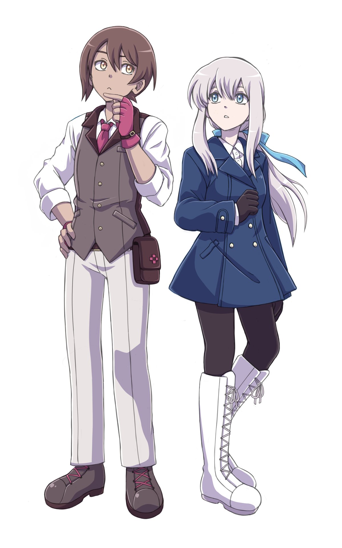 1boy, 1girl, :<, belt_pouch, black_gloves, black_pantyhose, blue_coat, blue_eyes, blue_ribbon, boots, brown_footwear, brown_hair, brown_jacket, coat, collared_shirt, commentary, dark-skinned_male, dark_skin, english_commentary, fingerless_gloves, full_body, gloves, grey_pants, hair_between_eyes, hair_ribbon, hand_on_hip, hand_on_own_chin, highres, jacket, looking_at_another, low_ponytail, luna_wyndell, midnight_train, moon-realm, necktie, neil_lawton, pale_skin, pants, pantyhose, pink_gloves, pink_necktie, pouch, ribbon, shirt, shoes, short_hair, simple_background, sleeves_rolled_up, thinking, white_background, white_footwear, white_hair, white_shirt, yellow_eyes