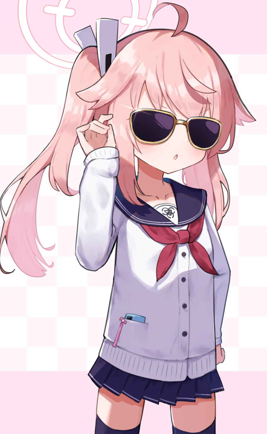 1girl, :o, \||/, absurdres, ahoge, bangs, black_thighhighs, blue_archive, blue_sailor_collar, blue_skirt, buttons, checkered_background, collarbone, dot_nose, halo, hand_up, highres, long_hair, long_sleeves, natsu_(blue_archive), neckerchief, parted_lips, pink_background, pink_hair, pleated_skirt, pocket, ponytail, red_neckerchief, sailor_collar, school_uniform, sidelocks, skirt, solo, sparkle, standing, sunglasses, sweater, thigh-highs, waon_(43ctw), white_sweater, zettai_ryouiki