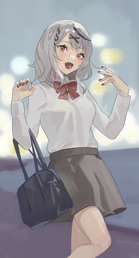 1girl, :d, asymmetrical_bangs, bag, bangs, black_bag, black_hair, blurry