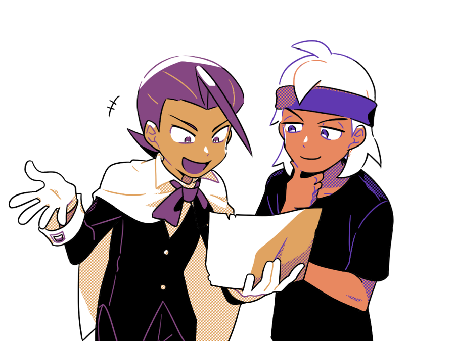 +++, 2boys, :d, black_jacket, black_pants, black_shirt, cape, commentary