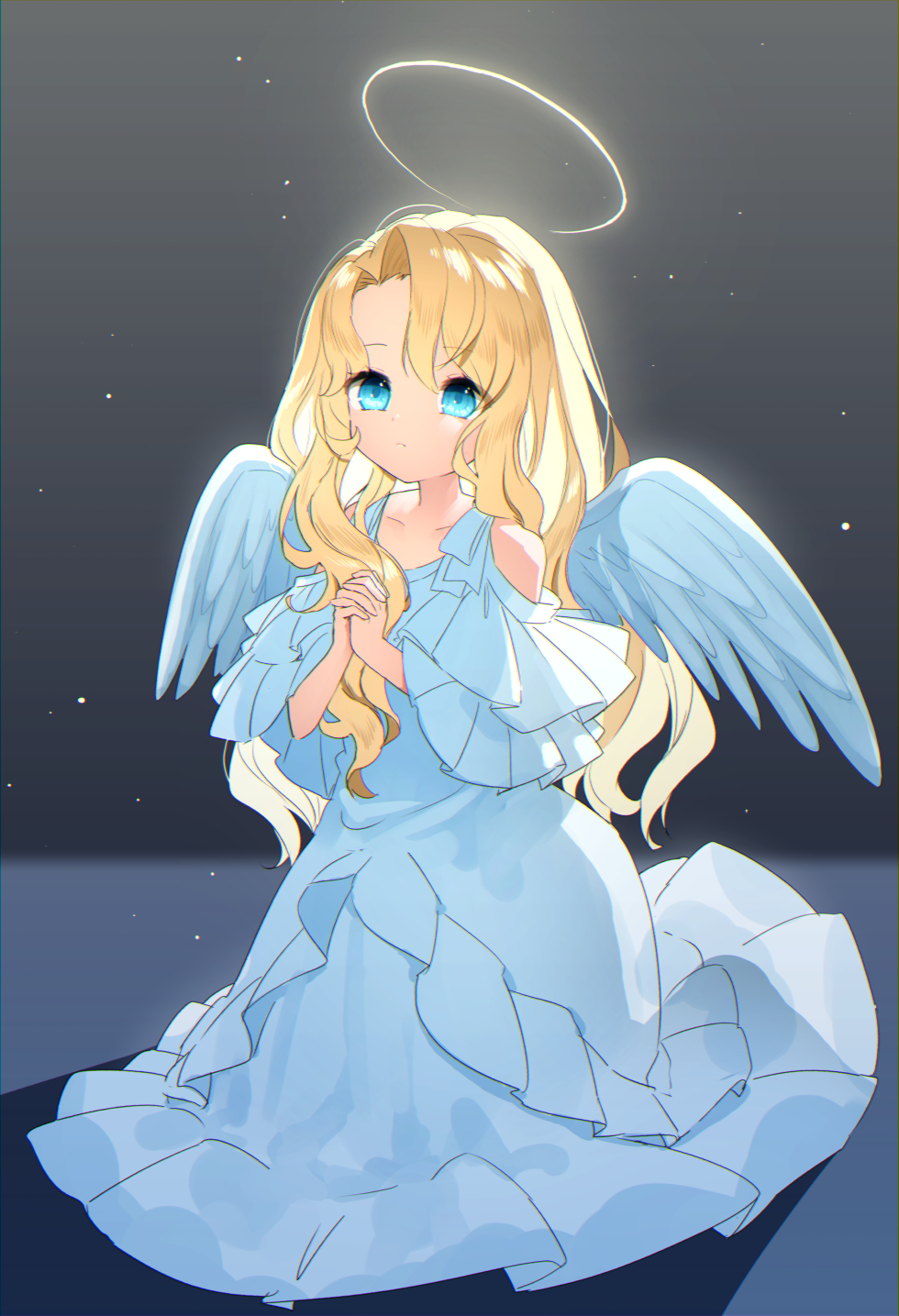 1girl, angel, angel_wings, blonde_hair, blue_eyes, closed_mouth, collarbone, curly_hair, dot_nose, dress, feathered_wings, glowing, halo, highres, interlocked_fingers, long_hair, original, praying, solo, usalxlusa, white_dress, wings