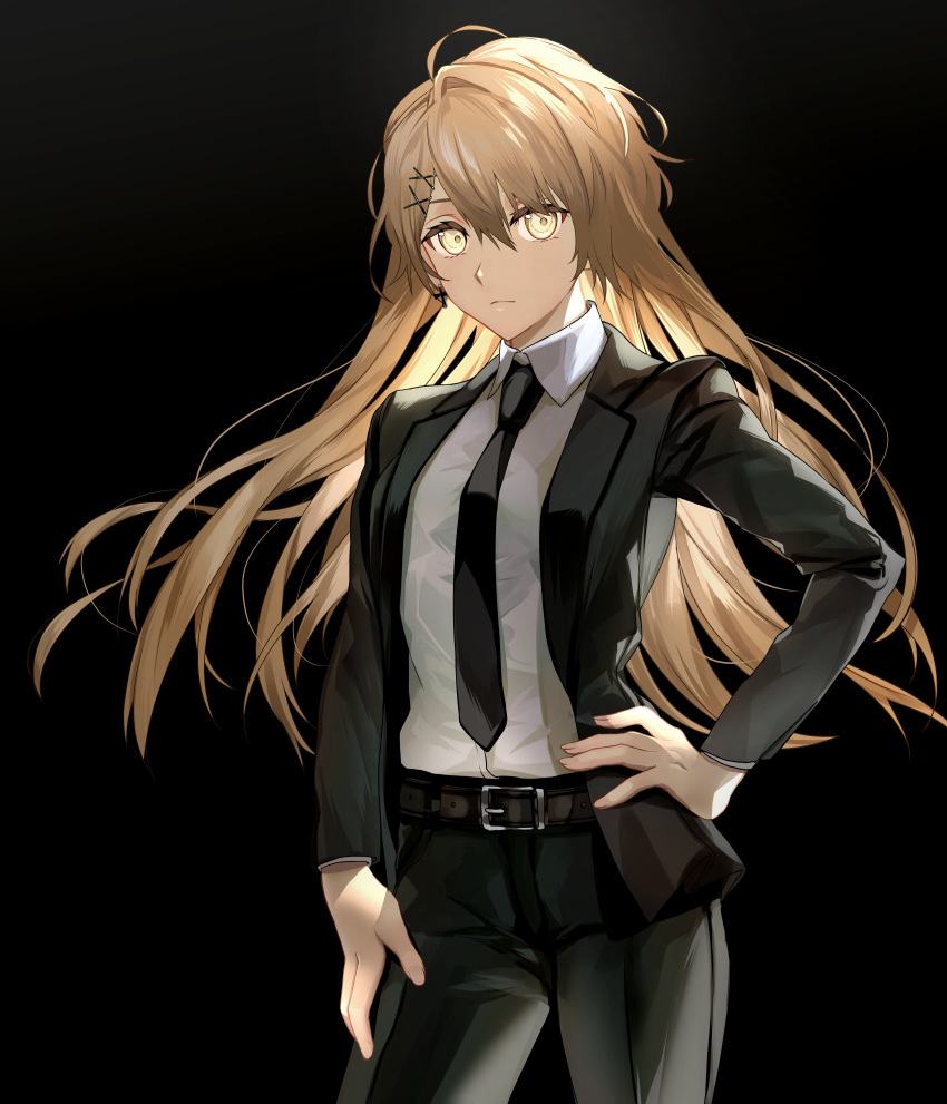 1girl, absurdres, alternate_costume, belt, black_background, collared_shirt, commission, cowboy_shot