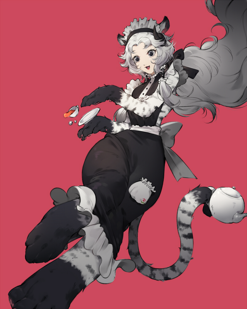 1girl, :3, :d, animal_ears, animal_feet, animal_hands, back_bow, barefoot