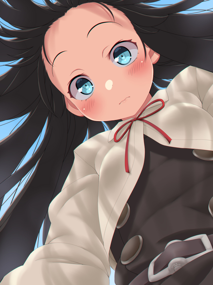 1girl, asashio_(kancolle), asashio_kai_ni_(kancolle), belt, black_belt, black_dress, black_hair, blue_background