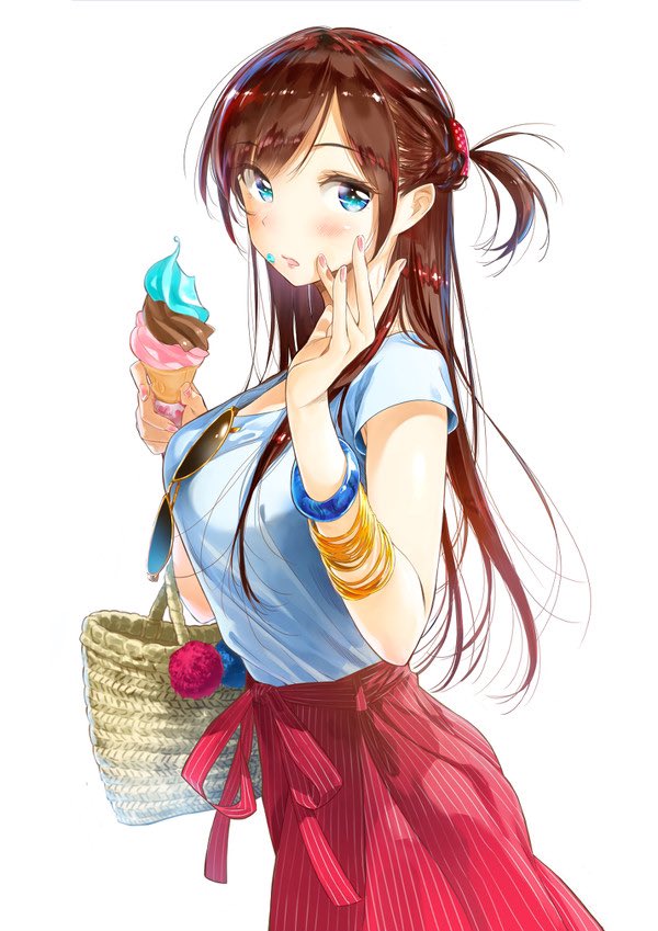 1girl, actress, bangles, basket, blue_eyes, blue_top, bust, dark_brown_hair