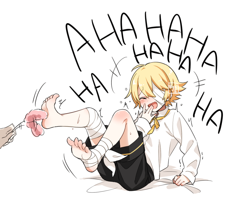 1boy, bandage_over_one_eye, bandages, bangs, barefoot, black_shorts, blonde_hair, child