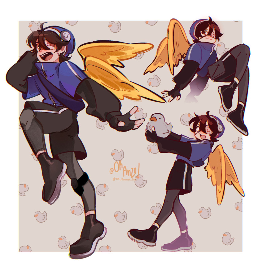 1boy, ahoge, bag, bangs, beanie, bird, bird_wings, black_footwear, black_hair, black_leggings, black_shorts, blue_jacket, blush, brown_eyes, duck, english_commentary, eyepatch, feathered_wings, fingerless_gloves, gloves, hat, highres, holding, holding_toy, jacket, karmaland, leggings, looking_at_viewer, multiple_views, ok_anzu, one_eye_covered, open_mouth, quackity, shoes, short_hair, shorts, smile, standing, toy, wings, yellow_wings