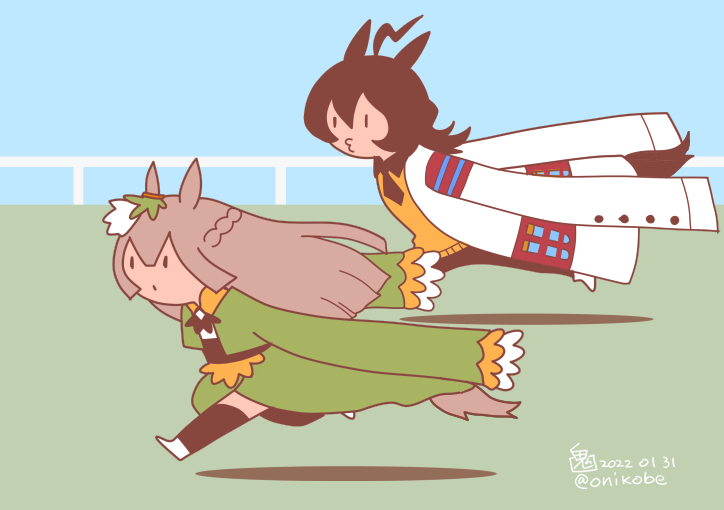 2girls, agnes_tachyon_(umamusume), ahoge, animal_ears, bangs, black_necktie, black_pantyhose, black_thighhighs