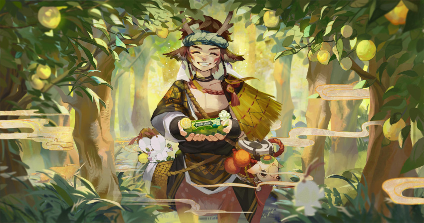 1boy, absurdres, antlers, asymmetrical_sleeves, basket, bishounen, character_request, check_copyright